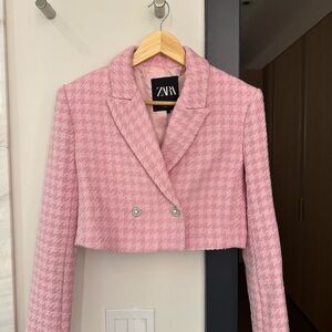 Zara Pink Houndstooth Cropped Blazer